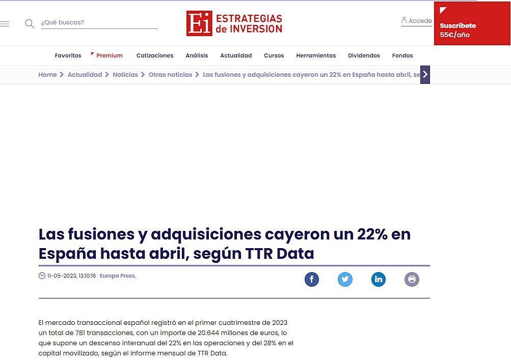 Las fusiones y adquisiciones cayeron un 22% en Espaa hasta abril, segn TTR Data